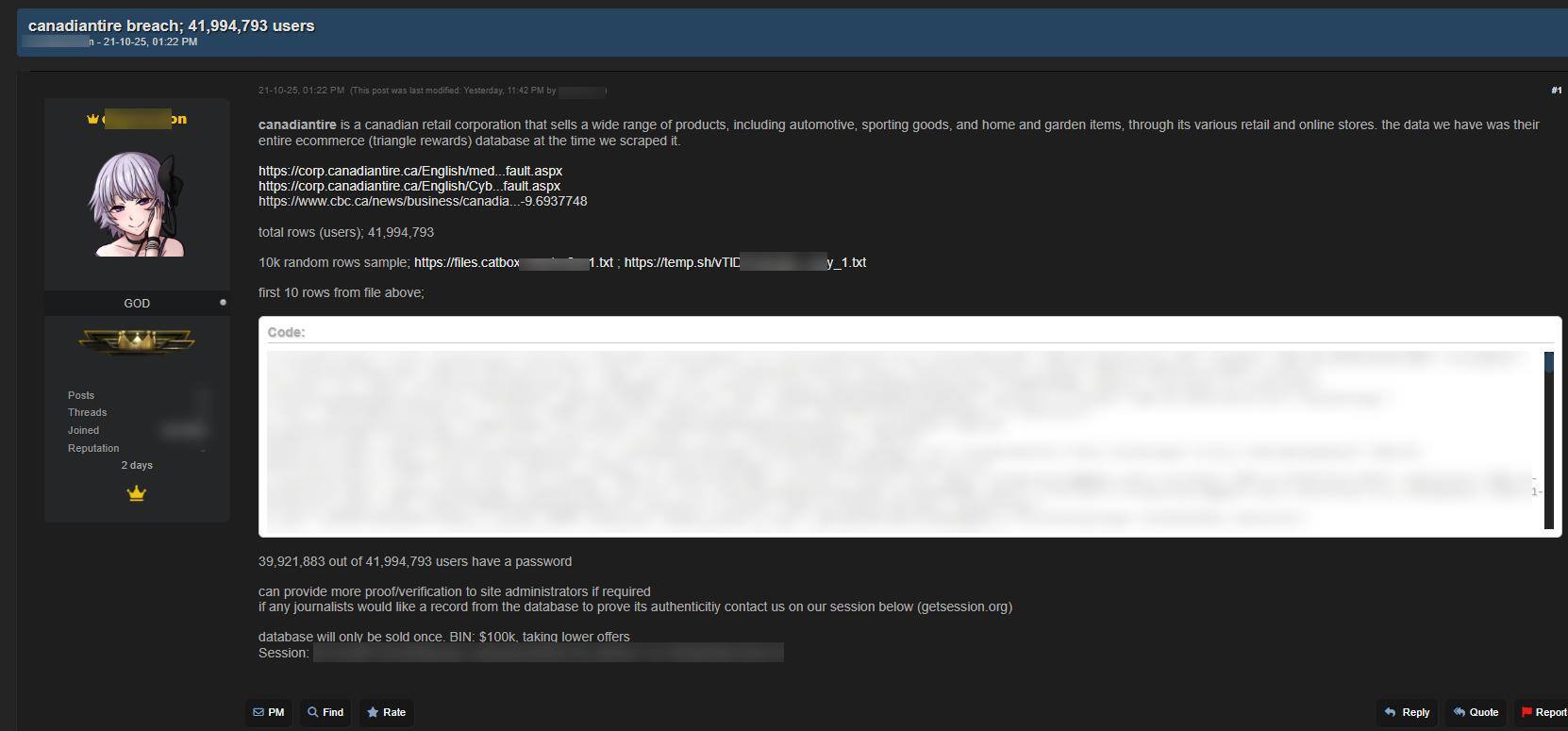 La publicación del hacker está fechada el 21 de octubre.