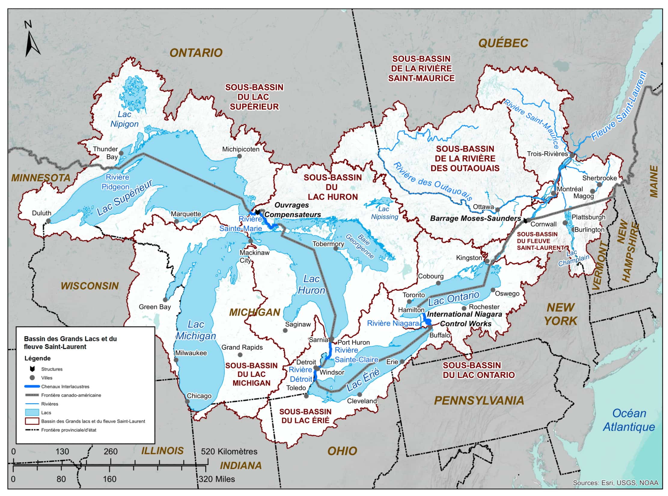 Selon la Commission mixte internationale, le réseau des Grands Lacs et du fleuve Saint-Laurent représentent à eux deux 20 % des eaux douce de surface de la terre. Cette carte montre l'étendue de son bassin versant.