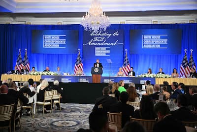 U.S. President Donald Trump speaks at the 2026 White House Correspondents' Association (WHCA) Dinner at the Waldorf Astoria in Washington, DC, July 24, 2026.