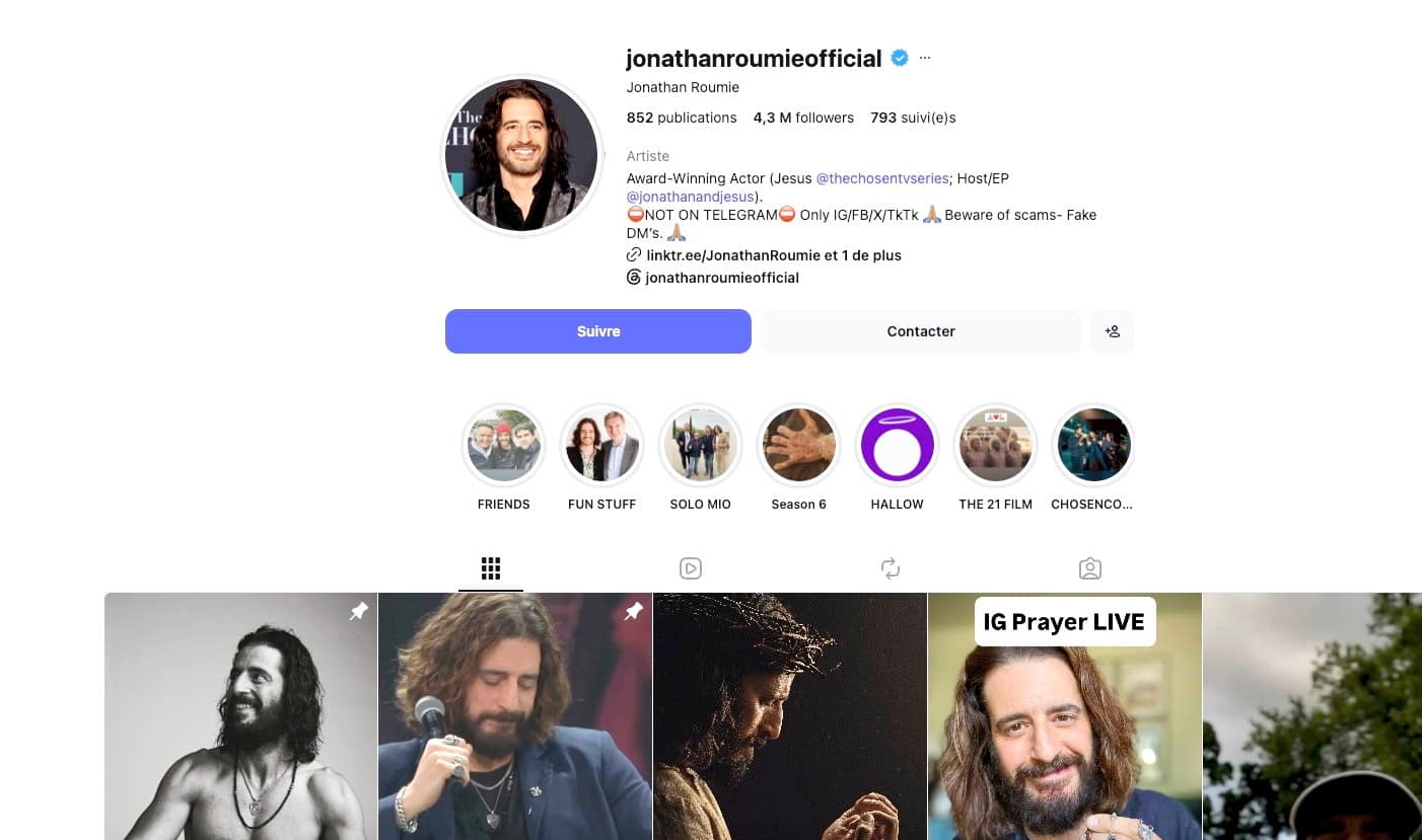 Le véritable compte Instagram de Jonathan Roumie, qui a plus de 4 millions d'abonnés, où l'acteur met en garde le public contre des fraudeurs sur sa page.