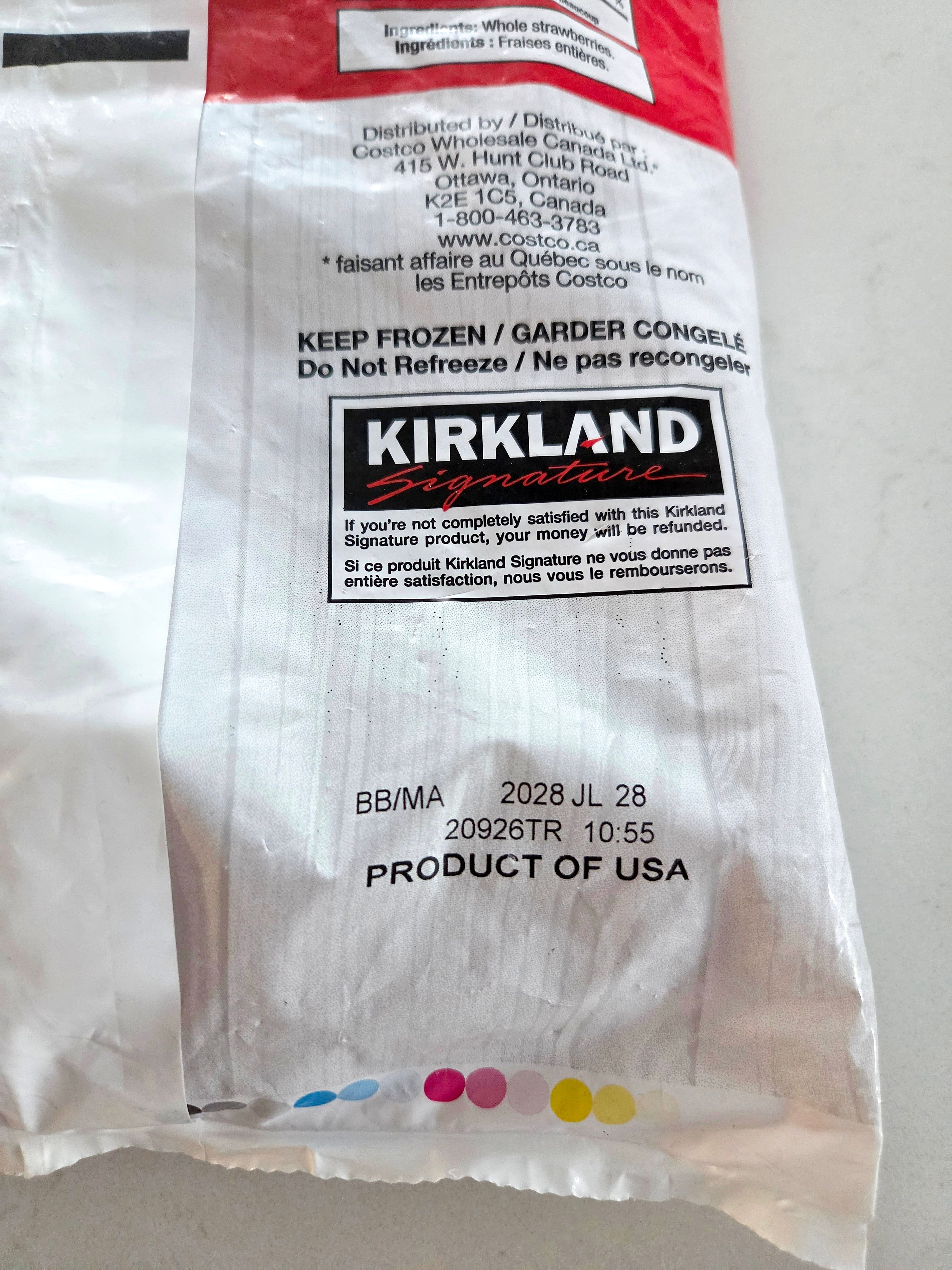 Au dos de ce sac de fraises congelées de Costco, on lit «Product of USA».
