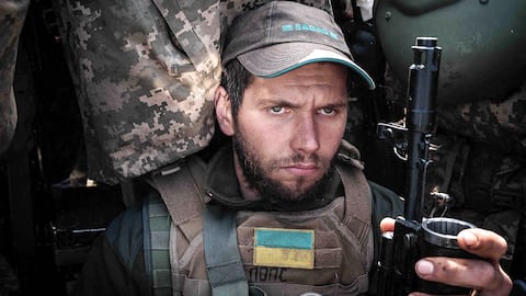 Ukrainian soldier resting near Kramatorsk yesterday.