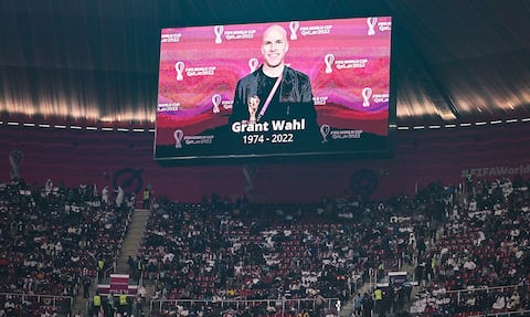 A photo of American journalist Grant Wahl was projected onto a giant screen in a soccer stadium in Qatar the day following his death on a press gallery during the match between Argentina and the Netherlands.
