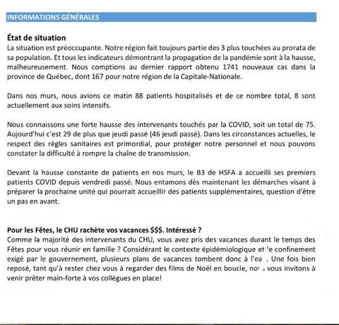The last paragraph of this message from CHU de Quebec makes employees responsive.