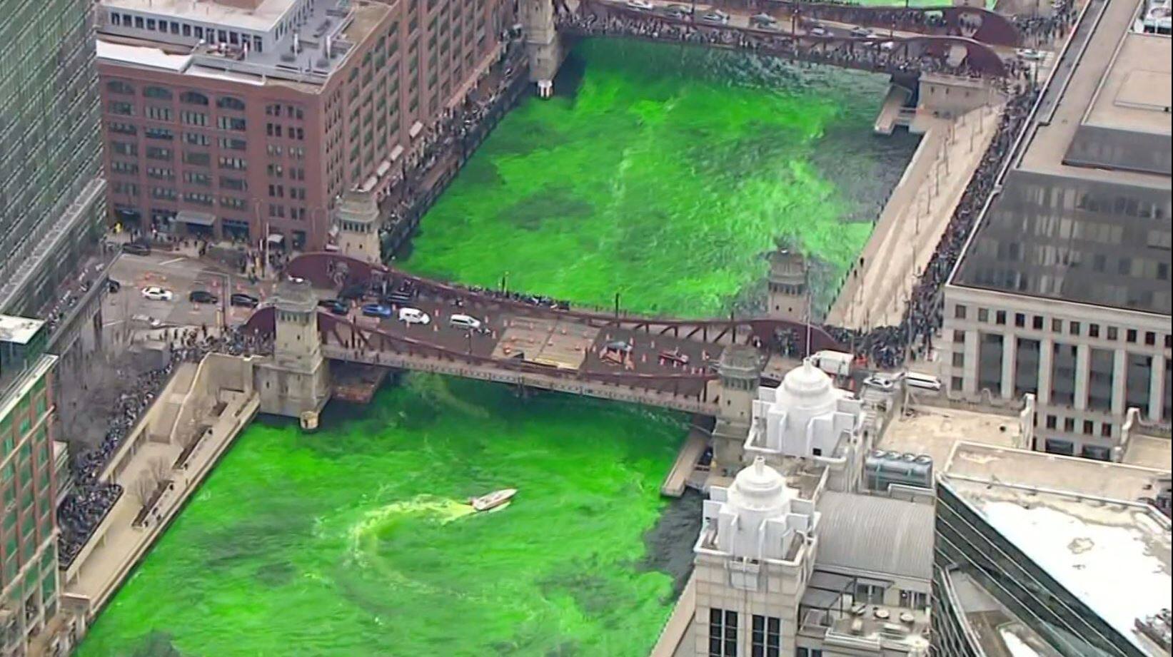 In the video |  The Chicago River is dyed green for St. Patrick’s Day