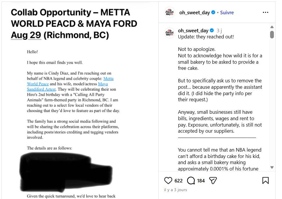  une boulangère de Vancouver a refusé d'offrir un gâteau à une ex-vedette de la NBA contre une mention sur ses réseaux