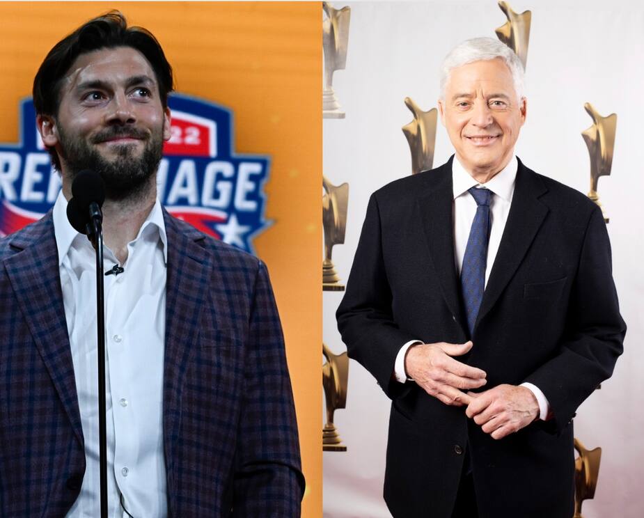 L'animateur Charles Tisseyre et le défenseur des Penguins de Pittsburgh Kristopher Letang
