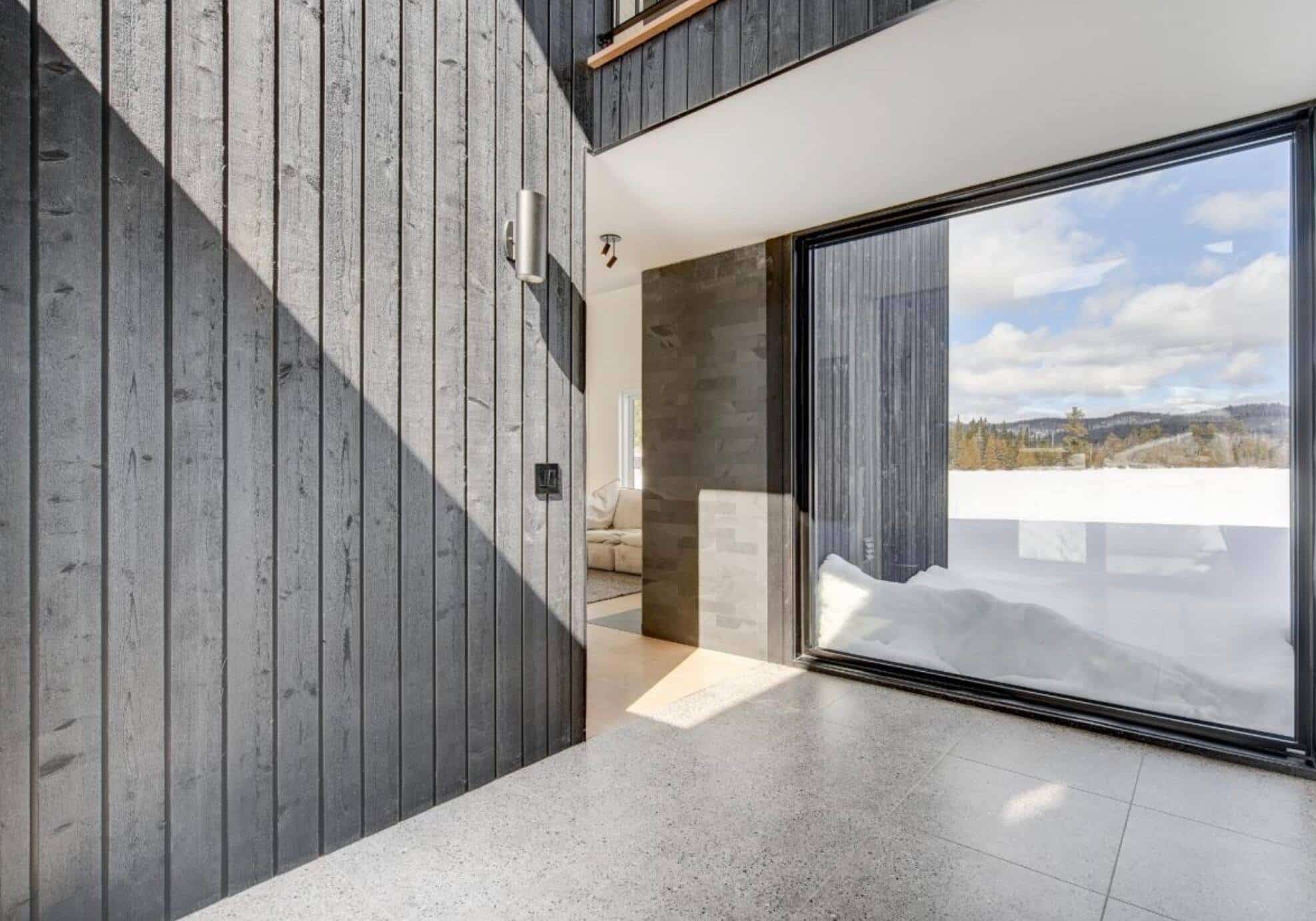 Une maison scandinave entièrement noire sur le bord de l’eau à Saint