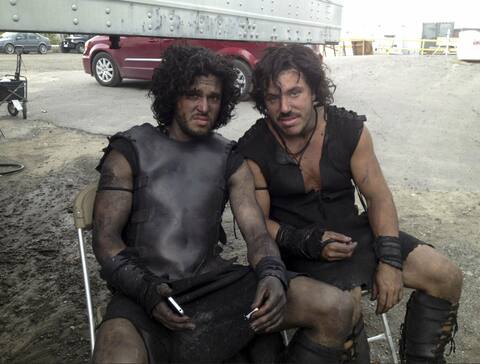Jean-François Lachapelle and Kit Harrington on the set of Pompeii