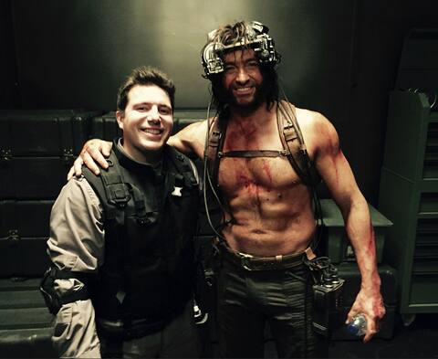 Jean-François Lachapelle and Hugh Jackman on the set of X-Men: Apocalypse