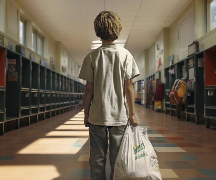 &Agrave; l&rsquo;&eacute;cole avec un sac plastique en guise de sac &agrave; dos