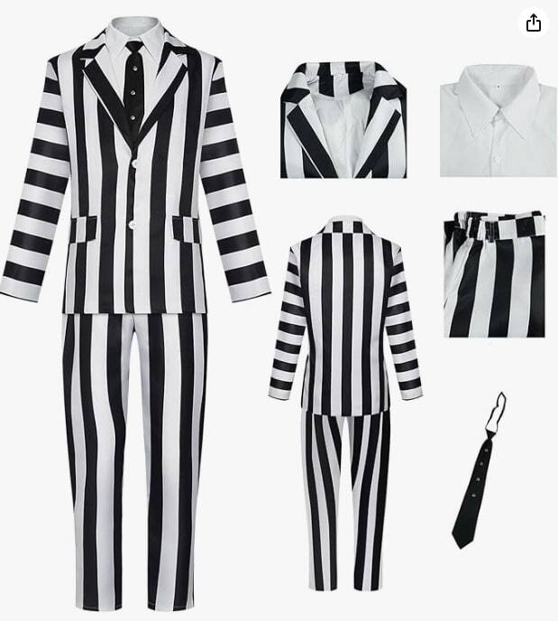 Costume Bételgeuse Homme Noir Et Blanc Rayé - Déguisement Halloween Horreur Années 80, Complet Manteau+pantalon