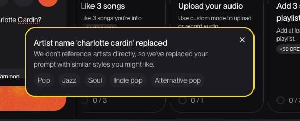 La plateforme Suno affirme bloquer les références directes à des artistes, mais très peu d'artistes québécois sont concernés par ce genre d'alerte.