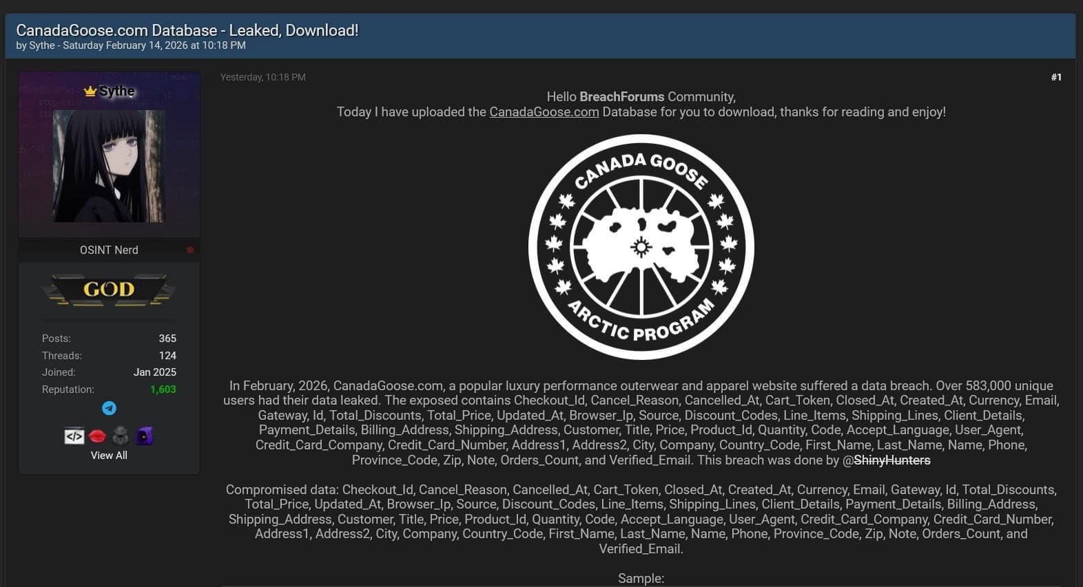 Canada Goose: des donn&eacute;es de pr&egrave;s de 600 000 clients auraient fuit&eacute; sur le &laquo;dark web&raquo;
