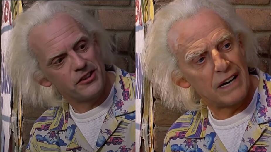À gauche, le Dr Brown interprété par Christopher Lloyd, et à droite, le résultat de l'hypertrucage avec Gilles Vigneault