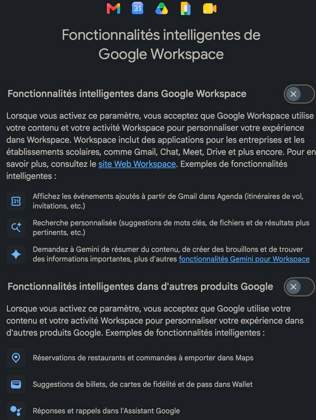 Fonctionnalités intelligentes de Google Workspace