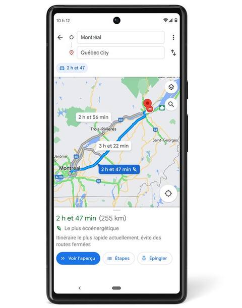 Exemple de Google Maps avec le temps de trajet le plus écoénergétique