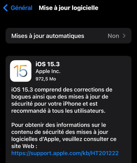 Caja de mise à jour logicielle d'iOS vers la versión 15.3