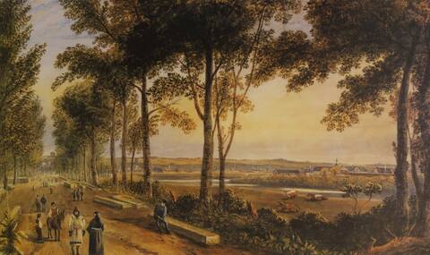 Terre de la Vacherie et chemin de la Pointe-aux-Lièvres vers l'est, vers 1830, James Patterson Cockburn.