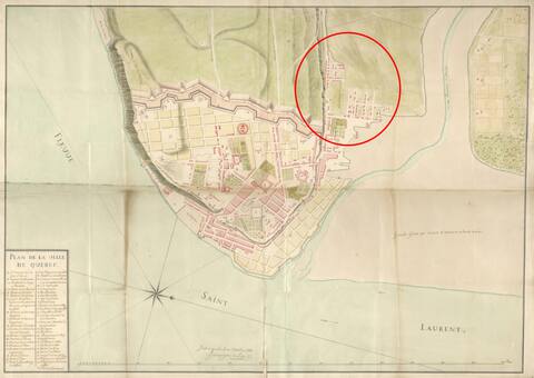 Tracé orthogonal des rues du faubourg Saint-Roch naissant, 1752, Gaspard-Joseph Chaussegros de Léry.