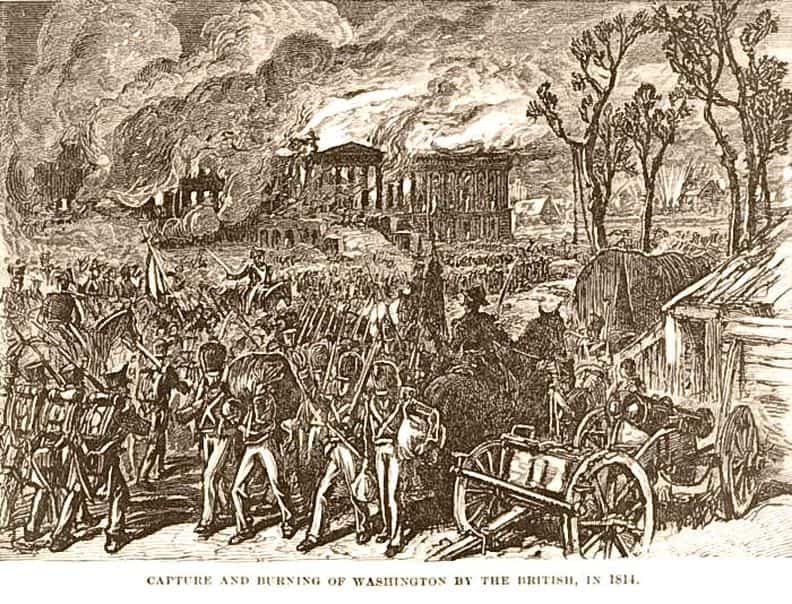 Incendie de la Maison-Blanche par les Britanniques en 1814. C'est la seule fois dans leur histoire, après 1776, que la capitale américaine tombe aux mains d’une puissance étrangère.