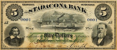 Billet de 5 $ de la Stadacona Bank arborant le portrait de son président Abraham Joseph.