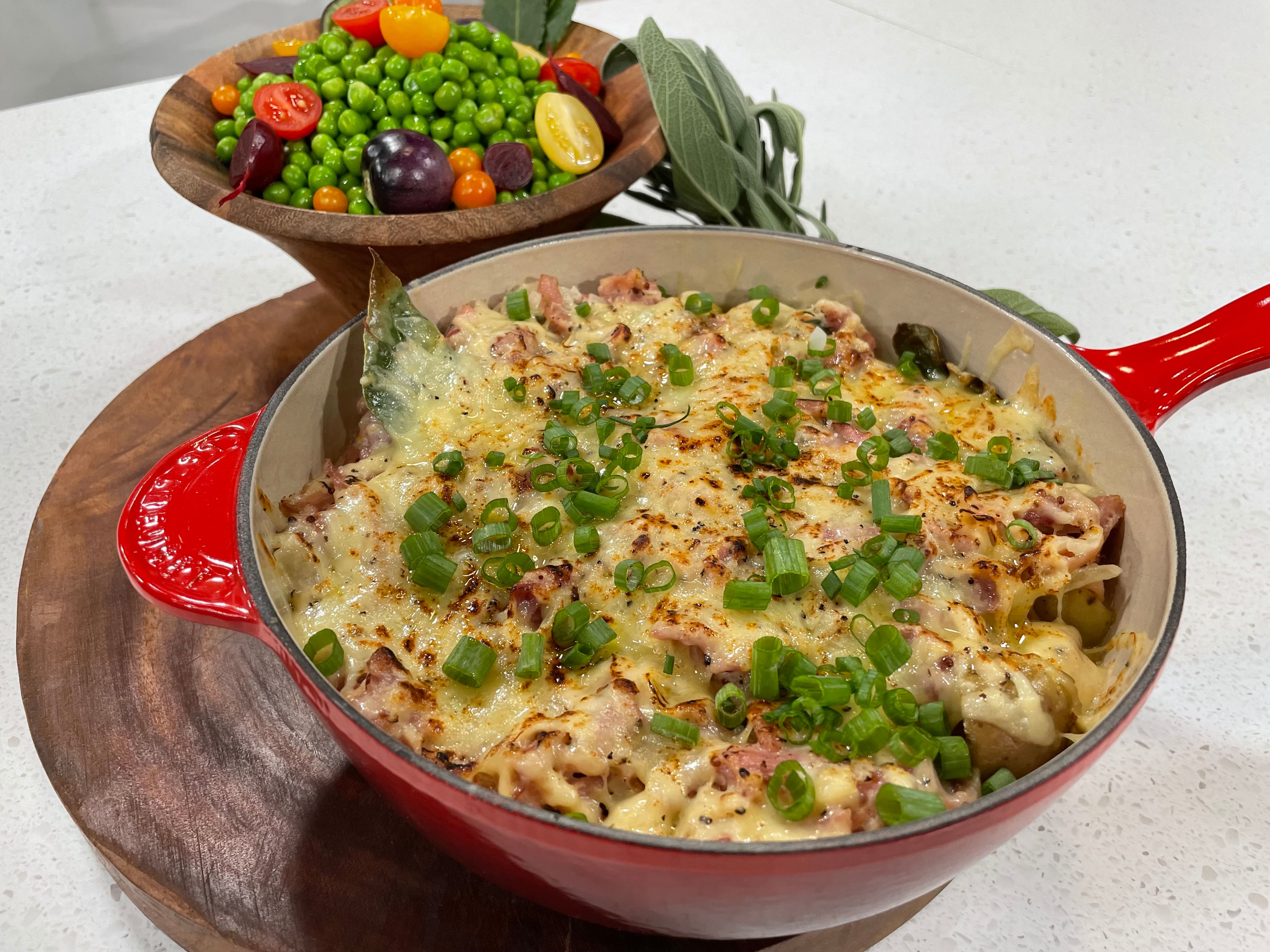 Gratin de grelots jaunes, jambon et cheddar d’ici 
