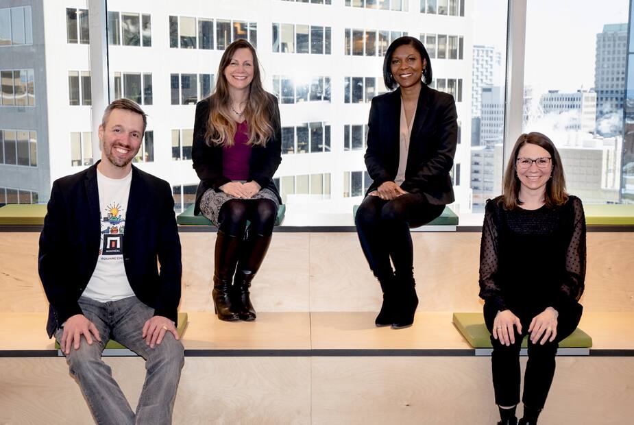 « Patrick Naud, chef de studio, Square Enix Montréal, Valérie Bilodeau, Directrice générale, Les Scientifines, Stéphanie Jecrois, cofondatrice, Technovation Montréal, Marie-Pierre Carbonneau, agente de développement, Concertation Montréal. »