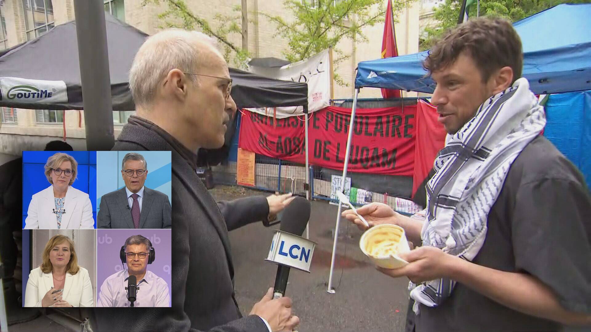 Les cl&ocirc;tures vol&eacute;es &laquo;appartiennent &agrave; la Terre&raquo;, affirme un manifestant &agrave; l'UQAM; &laquo;Le festival Juste pour rire est d&eacute;j&agrave; commenc&eacute;&raquo;, plaisante Paul Larocque