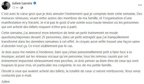 In the face of threats, comedian Julien Lacroix called off his comeback