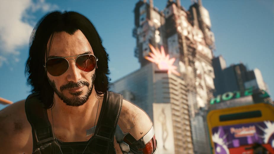 Keanu Reeves, alias Johnny Silverhand, dans une mission de Cyberpunk 2077.