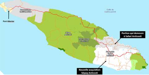 La zone blanche sur cette carte représente la nouvelle acquisition de Sépaq Anticosti dans le territoire de Safari Anticosti.