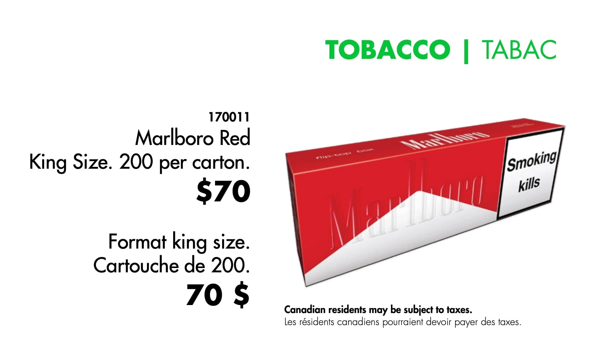 Publicité montrant des cigarettes Marlboro en vente dans la boutique hors taxes d’Air Transat.