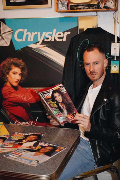 Martin Proulx, host of Celine, is the head of a new podcast on Celine Dion. This photo was taken at Mario Bennett's, who runs a museum about the artist in his Montreal apartment.