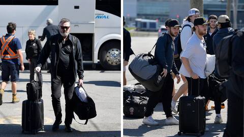 Patrick Roy et les Remparts arrivent à l'aéroport de Québec ce dimanche, en route vers Halifax, pour les troisième et quatrième matchs de la finale.