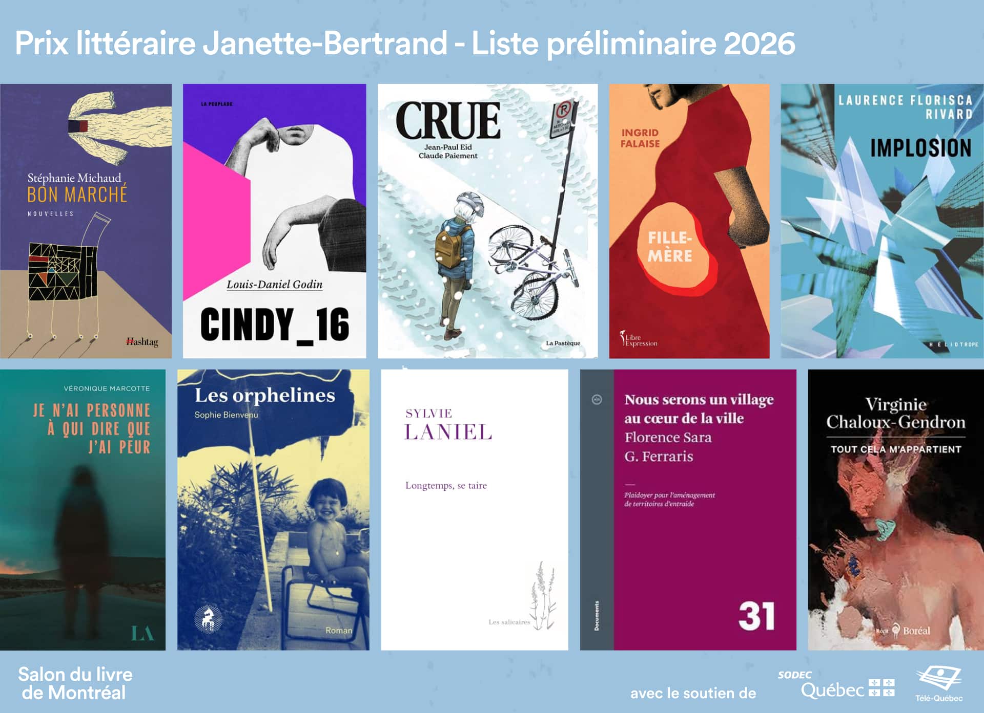 Voici les auteurs en lice pour le prix Janette-Bertrand au Salon du livre de Montréal