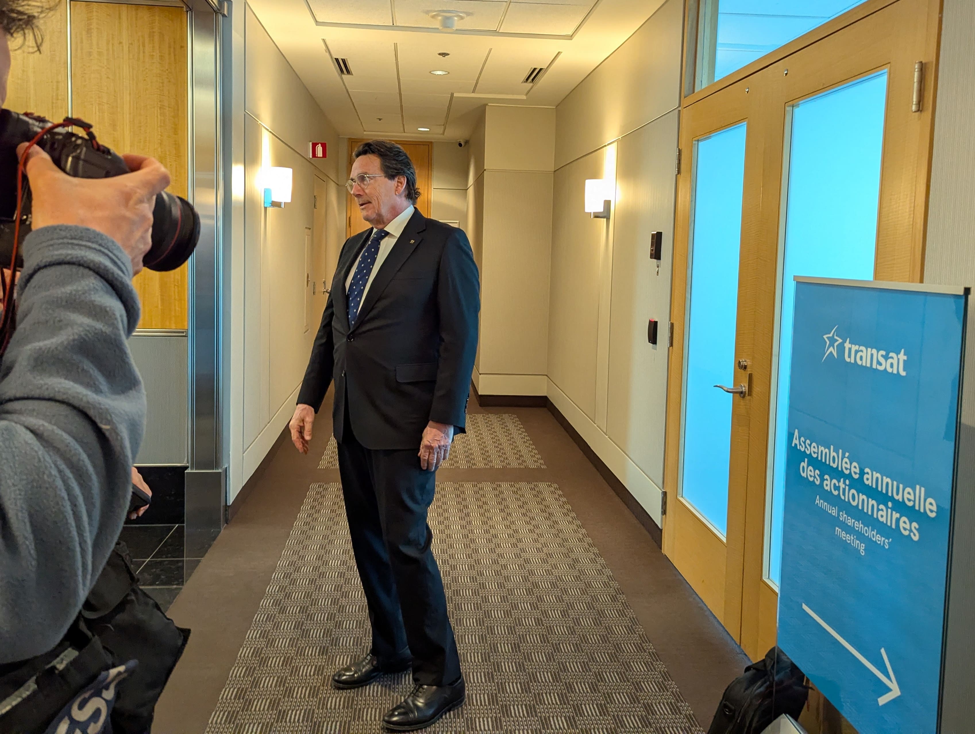 Pierre Karl Péladeau a su llegada a la junta extraordinaria de accionistas de Transat el martes en Montreal.