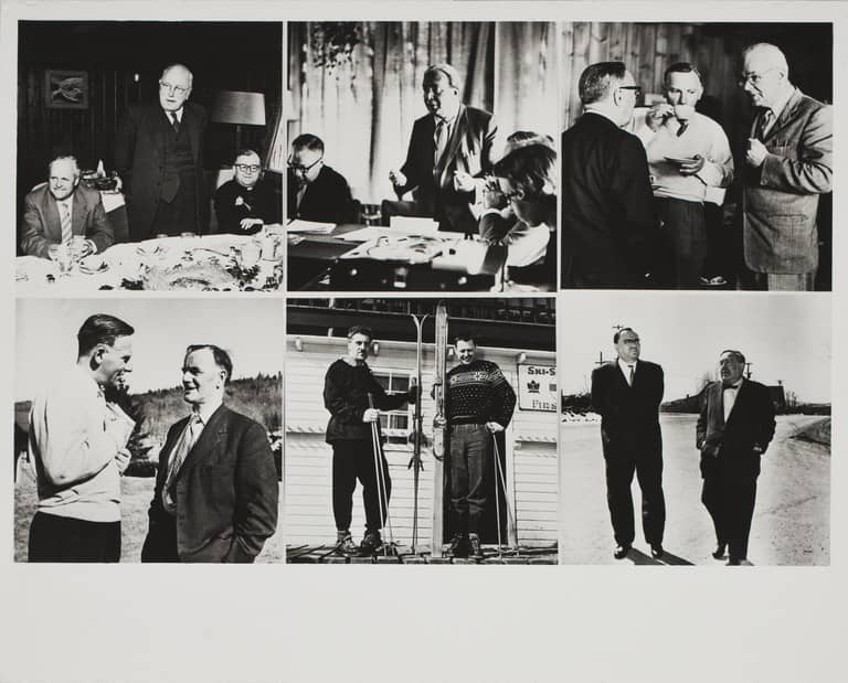 Les scientifiques profitent de leur temps libre. En bas à gauche, Joseph Rotblat et Cecil F. Powell discutent. En bas, au centre, Aleksandr M. Kuzin et Richard S. Leghorn se préparent pour le ski. En bas à droite, Aleksandr V. Topchiev et Eugene Rabinowitch discutent en marchant. Leo Szilard Papers, Special Collections & Archives, UC San Diego.