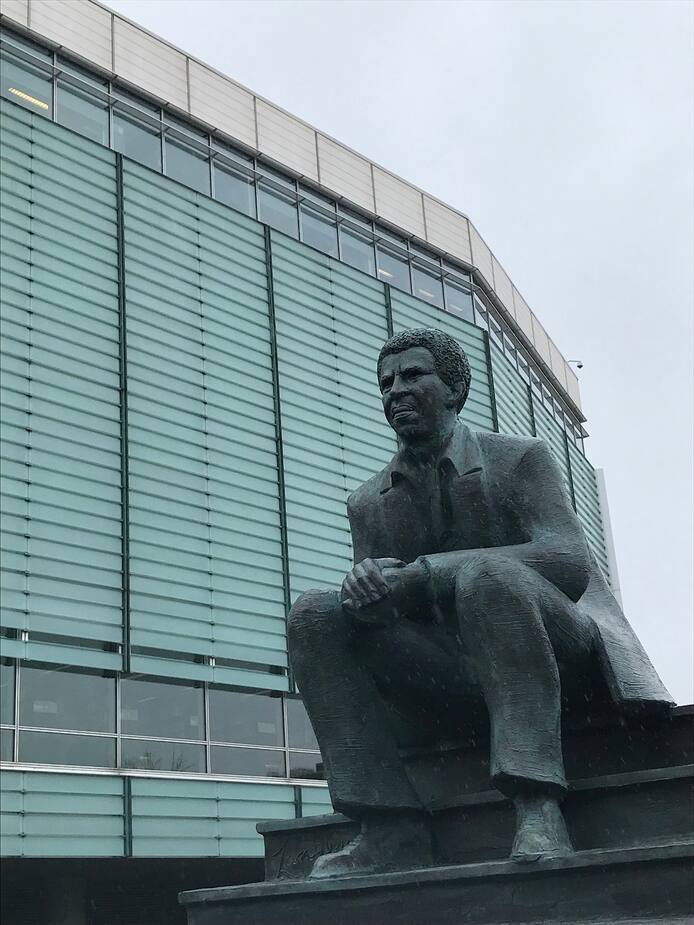 Fabriquée en résilice, un matériau composite, cette statue de Dany Laferrière peut être vue sur le terrain de BAnQ.
