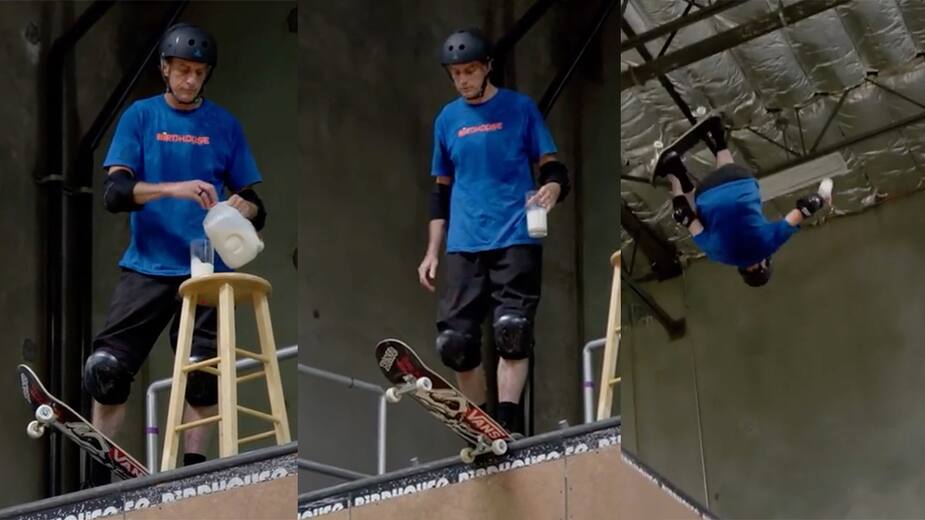 Image principale de l'article Tony Hawk défie la gravité avec un verre de lait