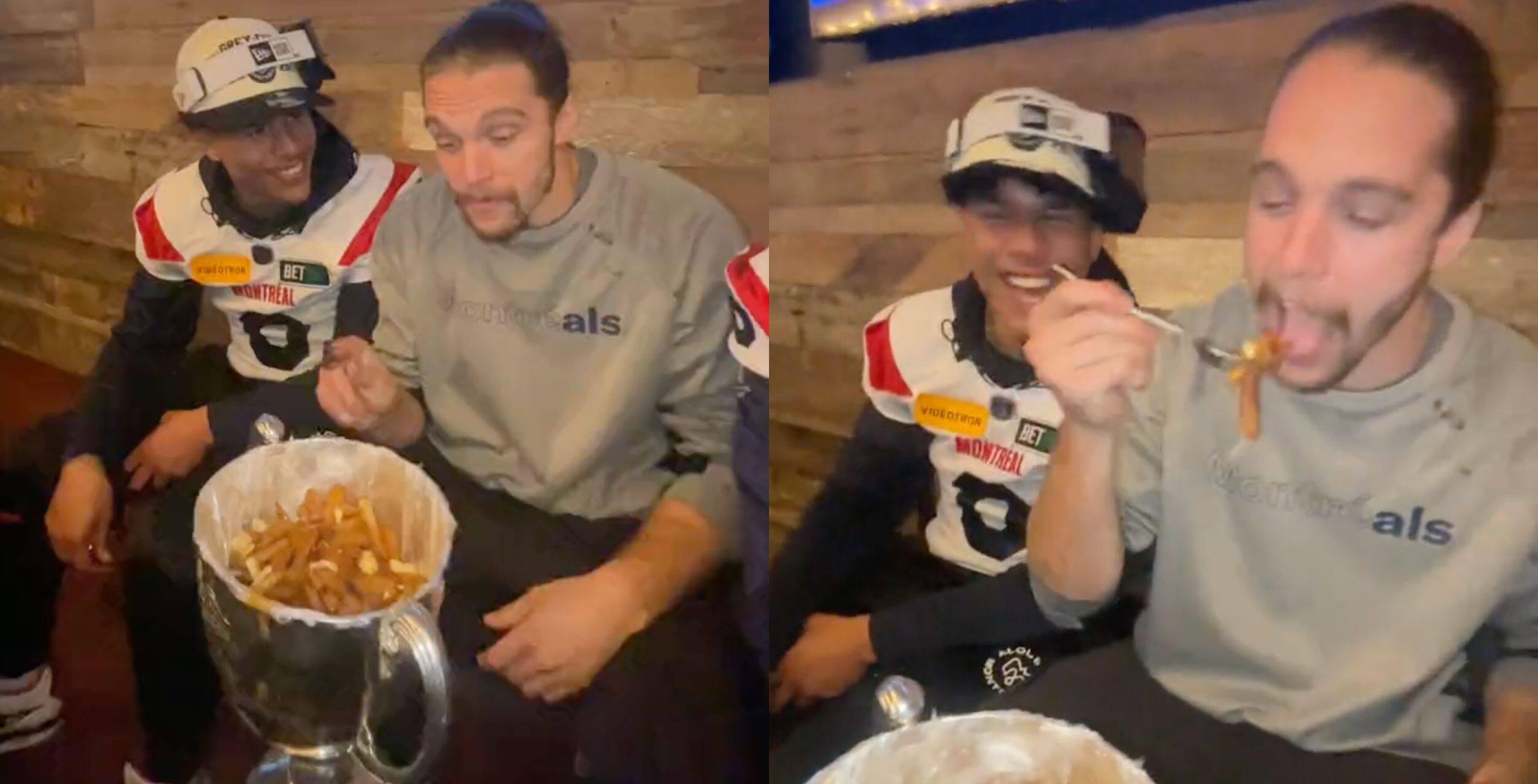 Marc-Antoine Dequoy mange de la poutine dans la Coupe Grey et fait un ...