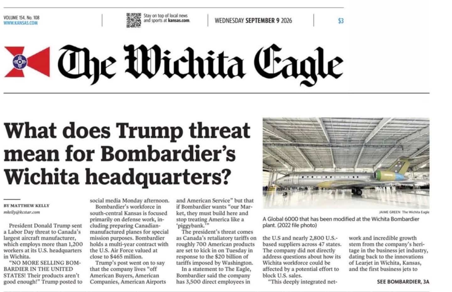 Les critiques de Donald Trump envers Bombardier préoccupent la ville de Wichita