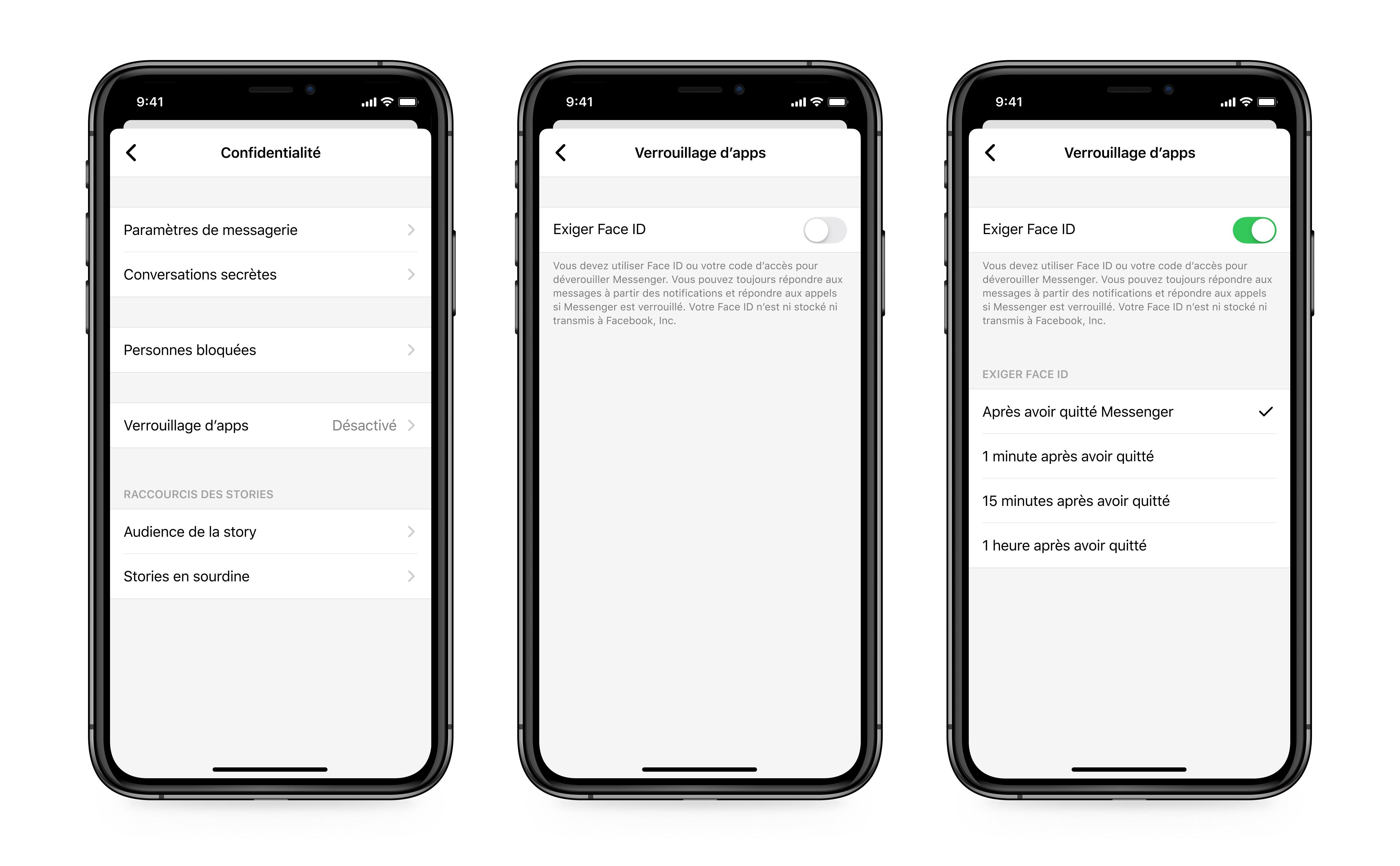 Chemin pour accéder à Face ID sur Messenger