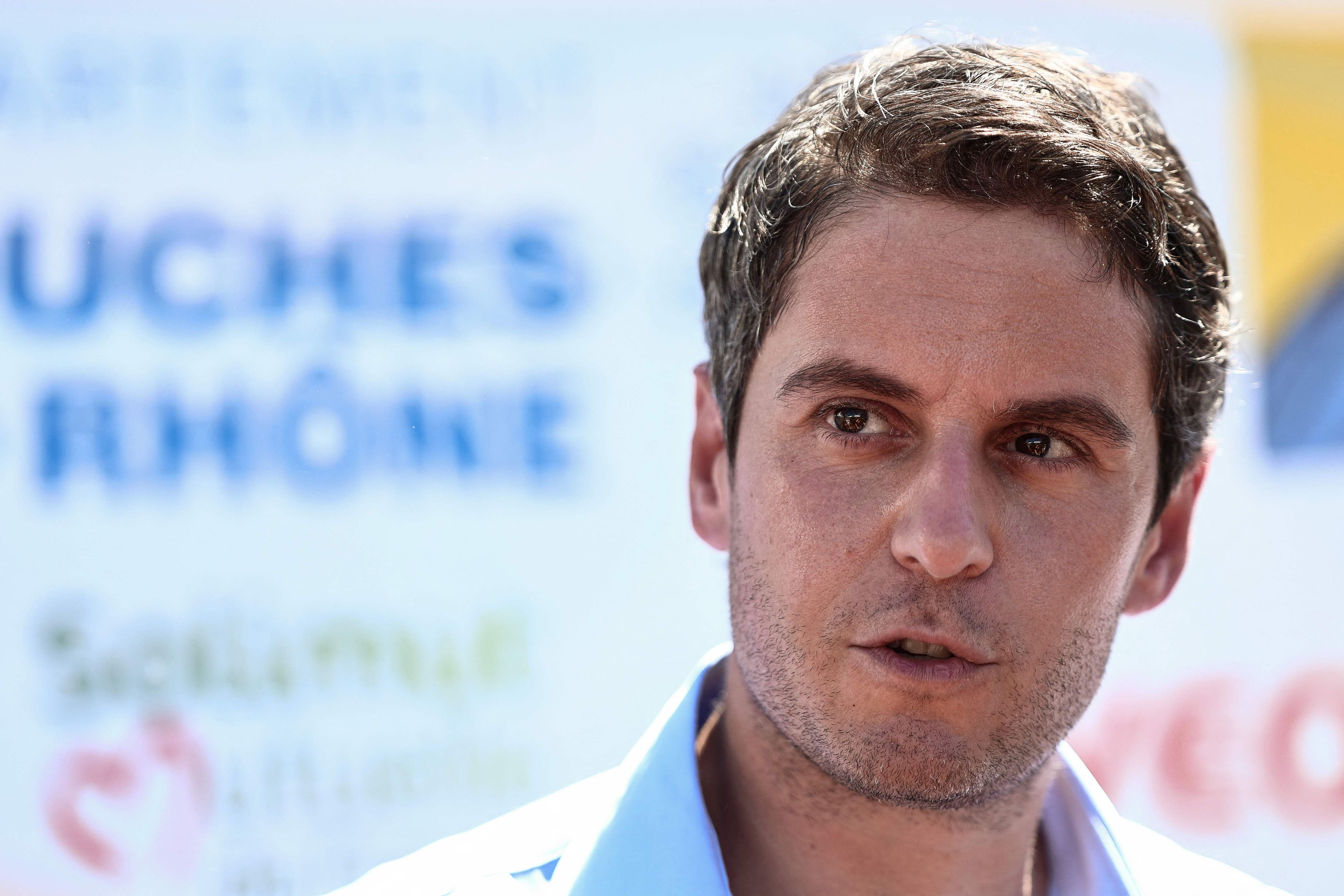 Candidate for the 2027 French presidential election Gabriel Attal speaks to the media during his visit to the World P&eacute;tanque Championships in Marseille, southeastern France, July 5, 2026.