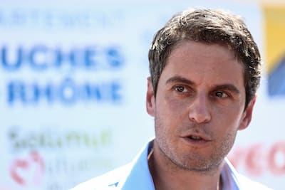 Candidate for the 2027 French presidential election Gabriel Attal speaks to the media during his visit to the World Pétanque Championships in Marseille, southeastern France, July 5, 2026.