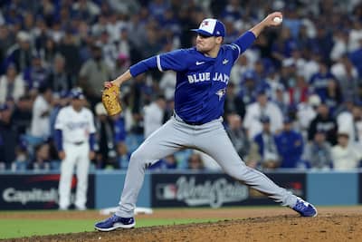 Reliever Brendon Little takes the mound for the Toronto Blue Jays in the 17th inning during Game 3 of the World Series on Oct. 27, 2025, in Los Angeles.