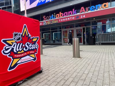 An official store offers merchandise from the 2024 edition of the NHL All-Star Game at Union Station, near Scotiabank Arena.
