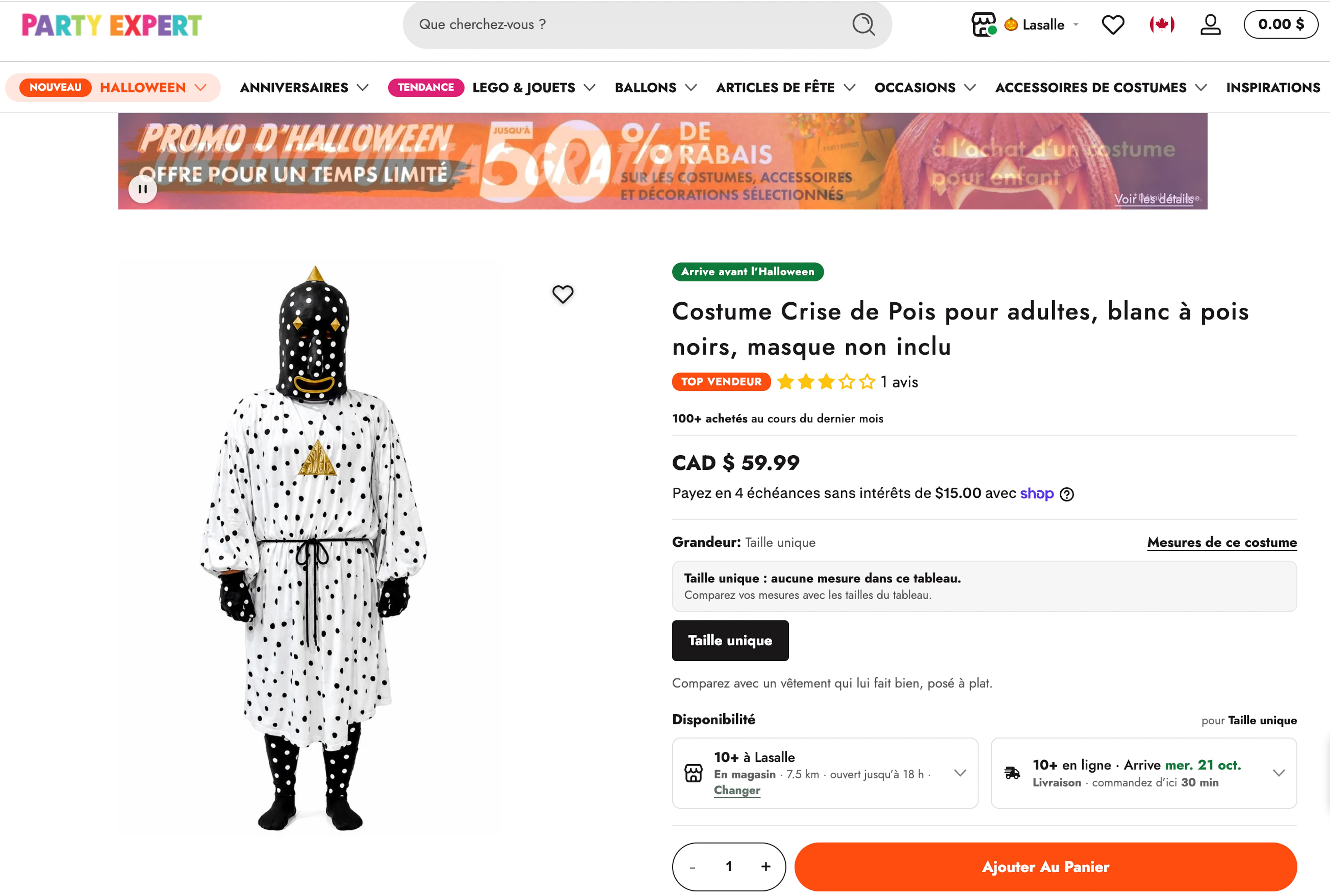 Ce costume de Klek, du groupe Angine de Poitrine, où le masque n'est pas inclu, est vendu sur le site de Party Expert.