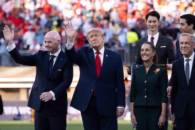 FIFA President Gianni Infantino, U.S. President Donald Trump and Mexican President Claudia Sheinbaum prepare for the awards ceremony during the 2026 FIFA World Cup final between Spain and Argentina at New York New Jersey Stadium on July 19, 2026 in East Rutherford, New Jersey.