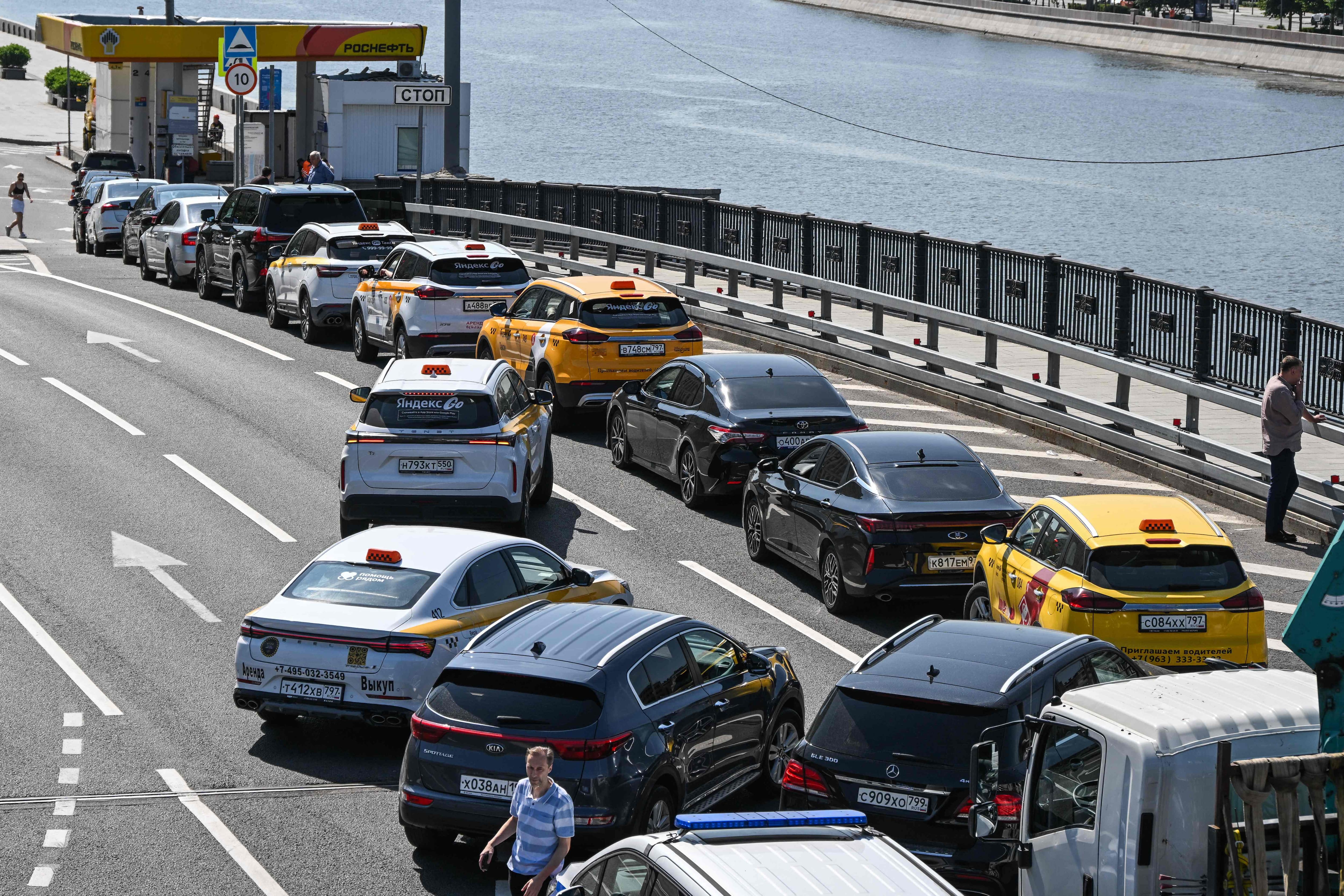 Lines of cars in front of several gas stations in Moscow, Russia, July 3, 2026